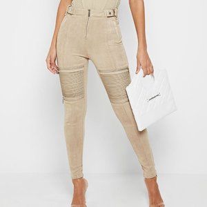 NWT RIBBED VEGAN SUEDE BIKER LEGGINGS--LIGHT BEIGE